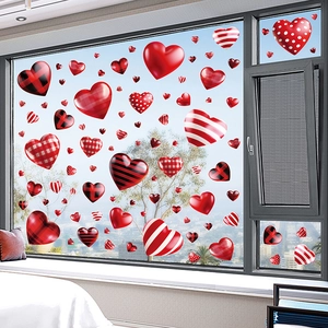 3D heart glass window stickers with red polka dots and stripes for Valentine decor