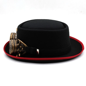 Black Steampunk top hat with red piping and gold spiked goggles for party costumes