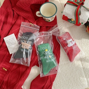 Three-pair Christmas socks set with plush 3D Santa and elk in clear zipper bag