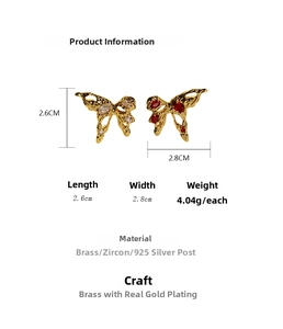 Detailed dimensions of liquid metal butterfly earrings with zircons and 925 silver needle