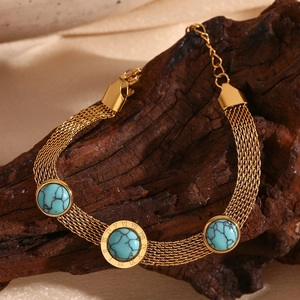 Vintage 18K gold mesh chain bracelet with round turquoise stones and Roman numerals
