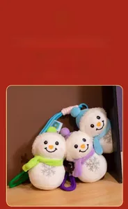 Detailed view of plush snowman charms with delicate embroidered snowflake and braided lanyards
