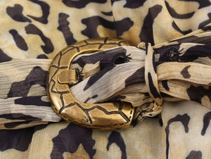 Detail of vintage bronze buckle with stylish leopard print chiffon fabric texture
