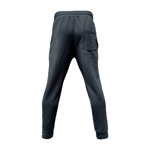 Detailed view of dark grey twill trousers featuring elastic waistband and rear patch pocket