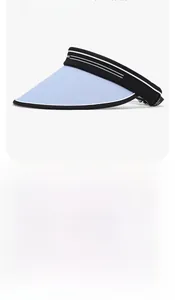 Dettaglio della visiera parasole in PVC blu con fascia rinfrescante e test di protezione UV