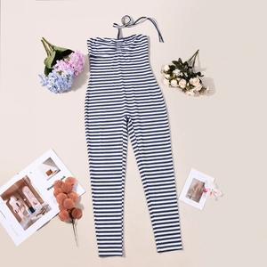 Detailed flat lay of blue white striped halter neck bodysuit with knitted texture