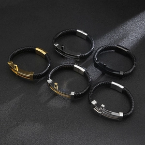 Braided leather bracelets for men with gold, silver, and black stainless steel clasps