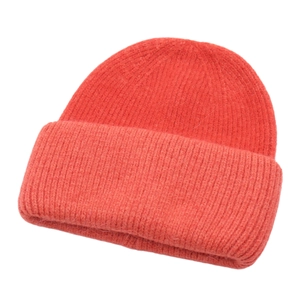 Close-up of deep red ribbed knit beanie showing soft long-hair mohair texture