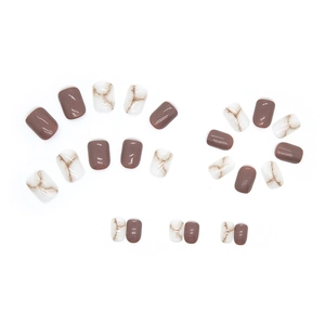 Short square marble pattern and dark brown glossy press-on nails set for women