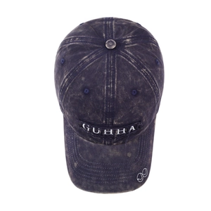 Vintage navy blue washed denim baseball cap with white GUHHA embroidery and ring logo