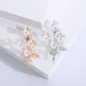 Elegant Flower Branch Brooch Alloy Shell Plum Blossom Pin With Faux Artificial Pearl And Rhinestone For Women Clothing Accessories