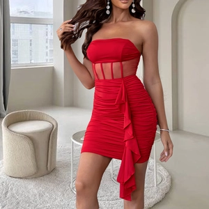 Elegant red bodycon party dress with mesh panels and ruffled edge details for women