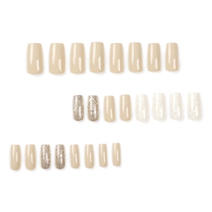 24-piece set of square nude and silver glitter press-on nails in long glossy finish