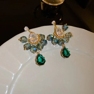 Emerald green and smoke gray crystal teardrop drop earrings in gold plated finish