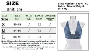 Tabella taglie per top a fascia in denim con misure del busto e dettagli tessuto