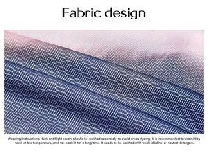 Vue détaillée du tissu mesh dégradé avec instructions de lavage et d'entretien en anglais