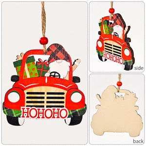 Three-sided view of a wooden gnome truck ornament showing the front, side and back details