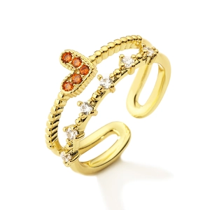 Double-layer gold open ring with orange heart charm and white zircon stones