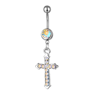 Polished stainless steel belly button ring with iridescent crystal cross pendant and stud
