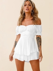 Damen Off Shoulder Mini Kleid Polyester Gestufte Rüschen Saum Laternenärmel Hohe Taille Elegant Sexy Party Urlaub