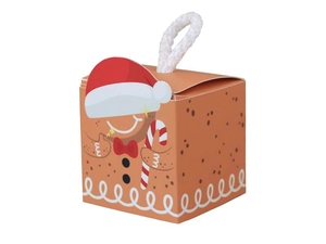 Detail of a small 5.5cm square Christmas gift box with gingerbread man and white handle