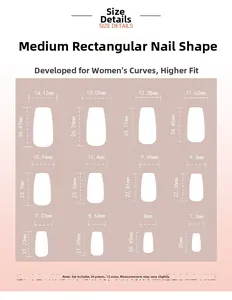 Size chart for pink zebra press-on nails in medium long square shape with 12 dimensions