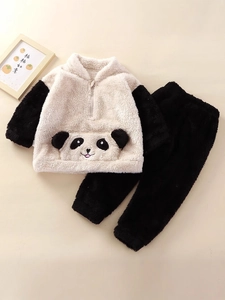 Cute panda cartoon flannel pajamas set for kids with warm plush hoodie and black pants