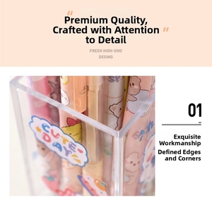 Macro detail of clear acrylic pen holder showing smooth edges and cute cartoon pens inside