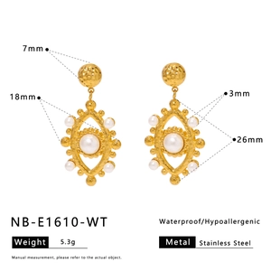 Detailed dimension guide for golden stainless steel eye earrings with white pearls