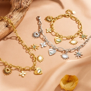 Bohemian Stainless Steel Evil Eye Jewelry Set Heart Sun Star Pendant Necklace Bracelet For Women Fashion Rhinestone Jewelry