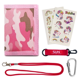 Pink camo wallet set with unicorn stickers, wrist strap, neck lanyard and carabiner hook