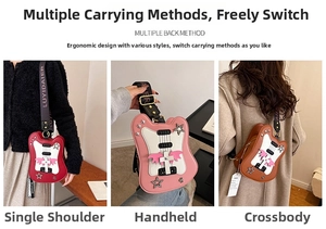 Detailed views of creative guitar-shaped crossbody bags in red, pink, and brown colors