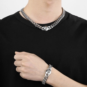 Men's 11mm silver stainless steel Cuban link chain necklace and bracelet with lion clasp
