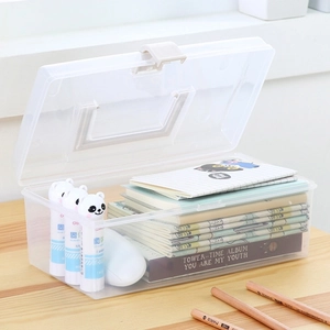 Transparent plastic storage box with white handle and lid for desk organization