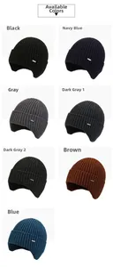 Grid display of winter knit beanies with ear flaps in seven colors and metallic labels