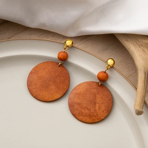 Retro geometric wooden drop earrings with orange beads and large round brown pendants