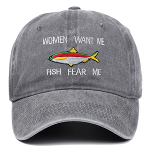 Detailed close-up of embroidery on washed dark grey cotton fishing baseball cap