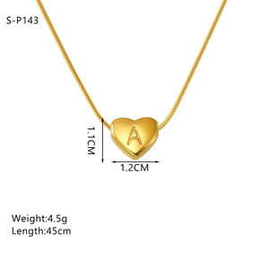Close-up of gold heart pendant necklace with engraved letter A on 45cm steel chain