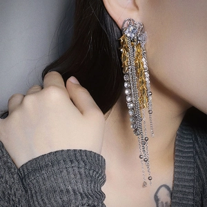 Elegant gold and silver tassel earrings with zircon fireworks and wheat ear design for women