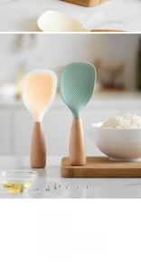 Close-up of heat-resistant silicone rice paddles with wooden handles and non-stick texture