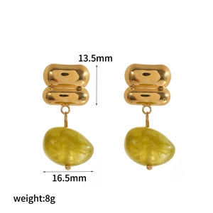 Detailed macro view showing the 13.5mm gold metal post and 16.5mm green resin drop earrings