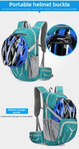 Detail of teal cycling backpack showing helmet fixation buckle and mesh storage pocket