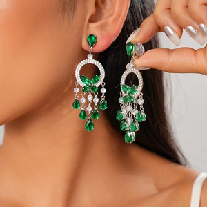 Elegant emerald cubic zirconia tassel earrings in vintage silver setting for women