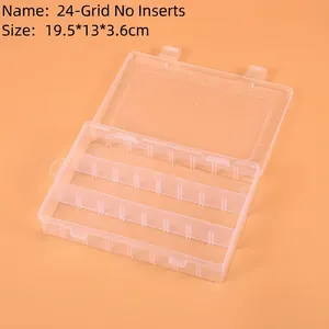 Detailed view of a 24-compartment clear plastic storage box measuring 19.5x13x3.6CM