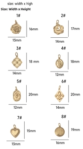 Detailed size specifications for gold stainless steel mermaid heart and flower pendants