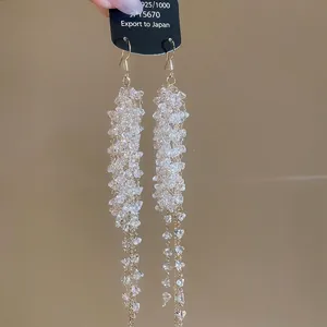 French crystal beaded tassel drop earrings in S925 silver with elegant long fringe style