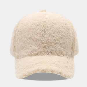Minimalist beige fuzzy baseball cap in warm fleece fabric with a classic curved brim
