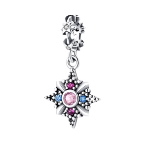 Star-shaped silver pendant with pink, blue and purple crystals on a clean background