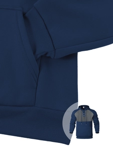 Detailed close-up of ribbed cuffs and hem on a navy blue color-block hoodie for men
