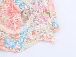 Detail of pink and blue gradient mesh fabric with white floral embroidery and fine lace